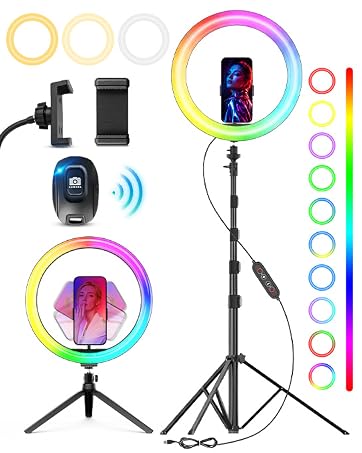 12-inch RGB ring light kit with floor tripod, mini stand, phone holders, camera mount, and remote