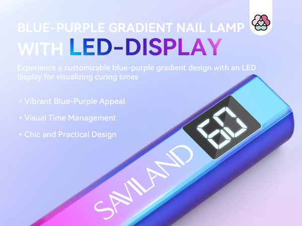 Saviland nail lamp with blue-purple gradient finish, featuring LED display for timing. Sleek cylindrical design with digital time readout.