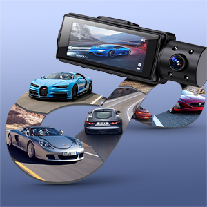 Dual-lens dashboard camera with circular collage showing various luxury cars and recording capabilities.