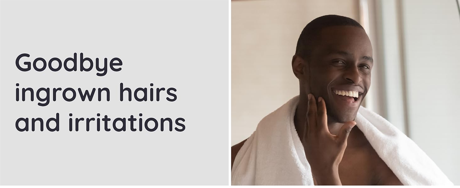 Split image showing text 'Goodbye ingrown hairs and irritations' and a person touching their smooth face, smiling.