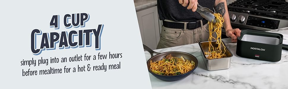 4 cup capacity - simply plud into an outlet for a few hours and enjoy!