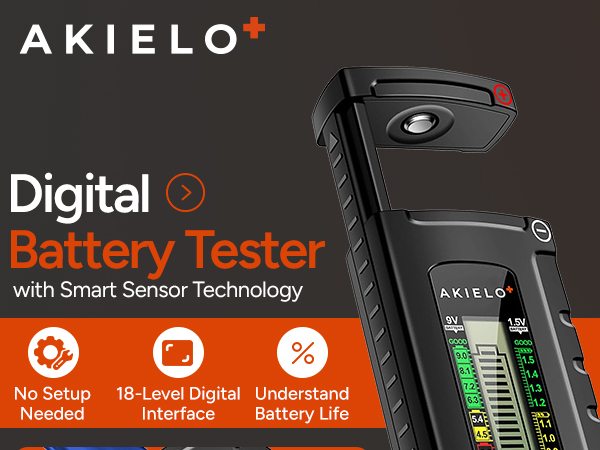 Text reads 'AKIELO+' brand name, 'Digital Battery Tester with Smart Sensor Technology,' and features 'No Setup Needed,' '18-Level Digital Interface,' 'Understand Battery Life.' Black handheld battery testing device with digital display and indicator lights.