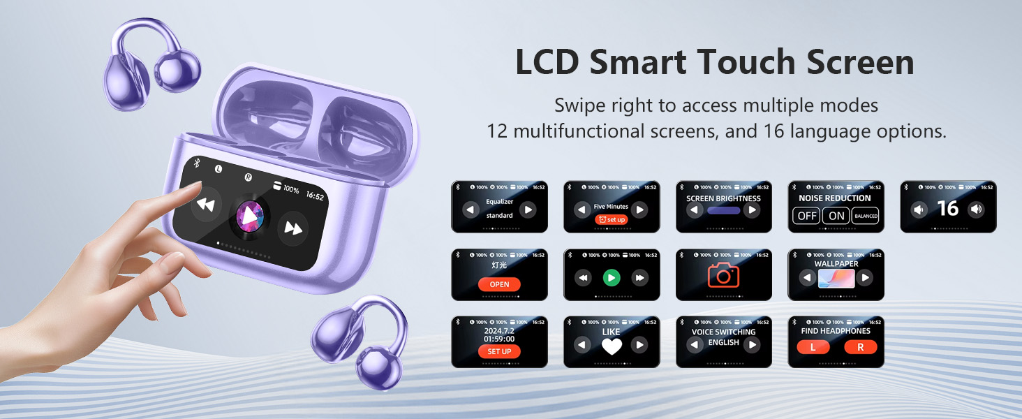 Open Ear Clip Headphones Ultra Comfort Bluetooth 5.4 Headphones with Intelligent Touch Color Screen