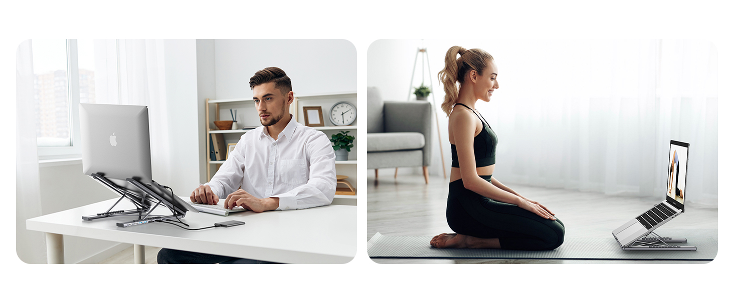 Multiple images showing laptop stand in use on desk settings, demonstrating various angles and height adjustments for ergonomic computer work positions.