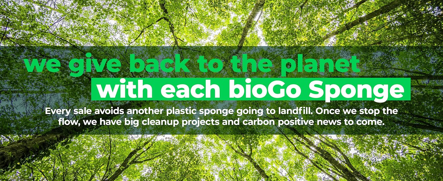 Text reads 'We give back to the planet with each bioco sponge'. Green forest canopy background with sunlight filtering through leaves.
