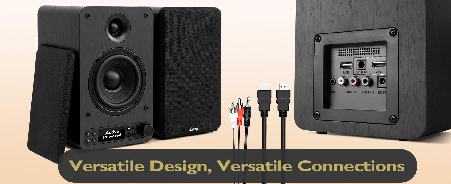 Text reads 'Versatile Design, Versatile Connections'. Product advertisement showing multiple electronic device connections or ports against a dark background.