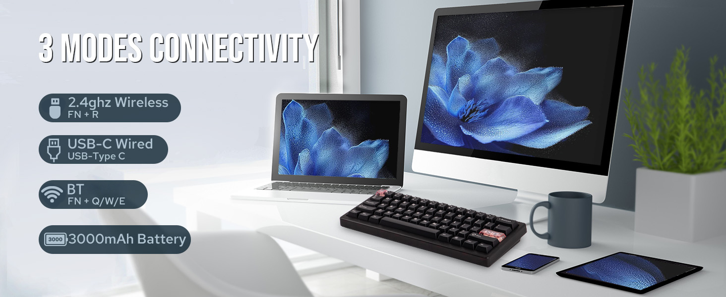 Text reads '3 HUBS CONNECT SIT' with product features listed. Desk setup displaying laptop, tablet, smartphone, and keyboard with cable management accessories for multi-device connectivity.