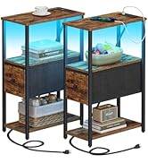 TUTOTAK Small Narrow LED End Table with Charging Station, Side Table Outlets, Nightstand with Clo...