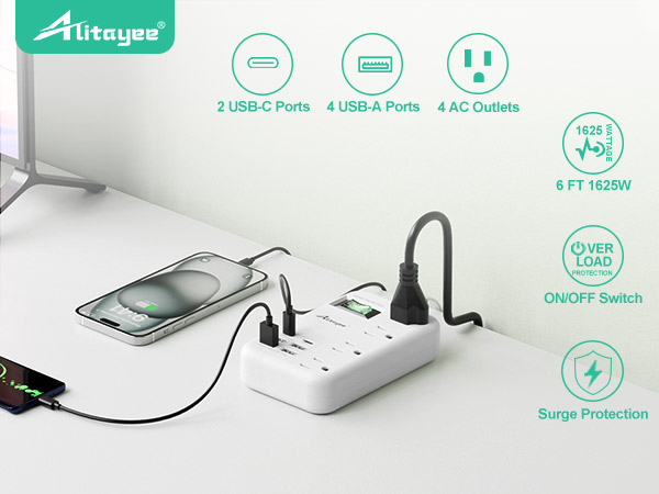 6 USB(2 USB C) Surge Protector Power Strip- Travel Power Strip with 24W USB and 4 Outlets