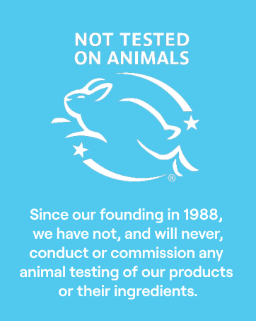 Not tested on animals with leaping bunny logo. White text on a sky blue background.