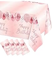 WNINK 4 Pack Pink &amp; Rose Gold Happy Birthday Tablecloths, Disposable Plastic Rectangular Table Co...