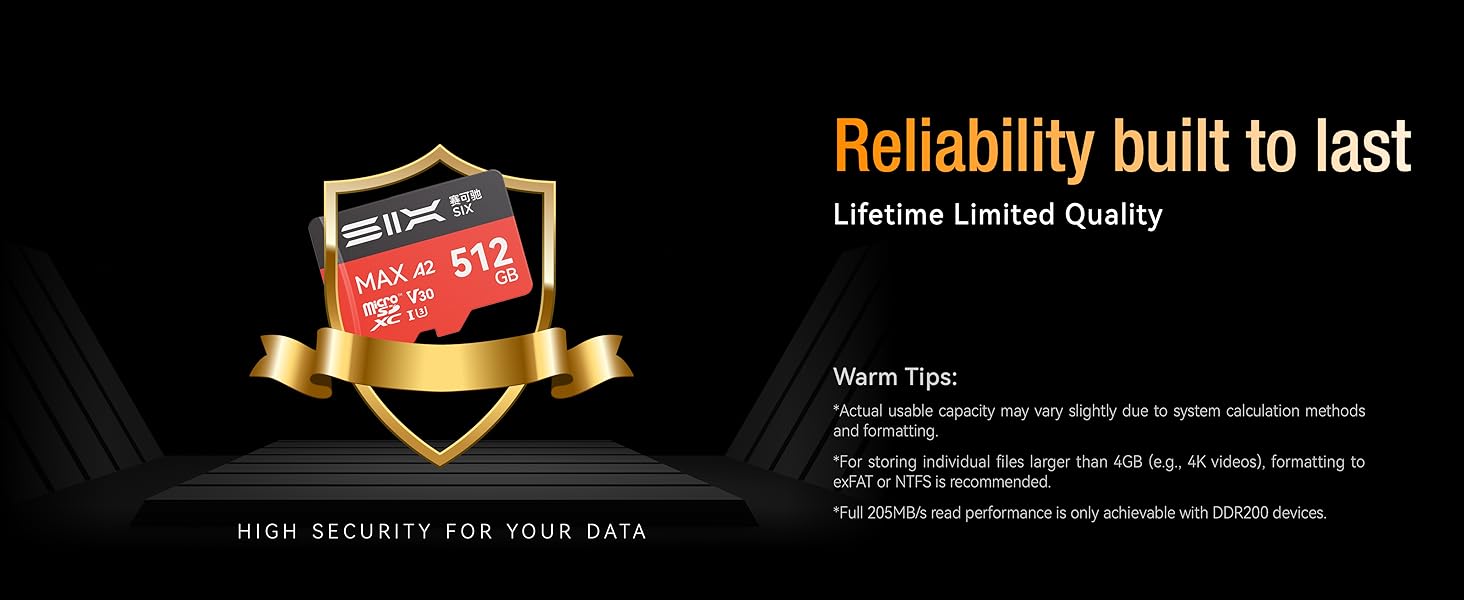 Text reads 'Reliability built to last'. Marketing banner showing gold shield emblem with black background and promotional text about data security.