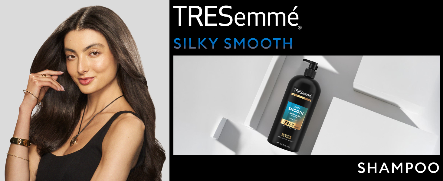 Model with long dark smooth hair beside TRESemmé Silky Smooth Shampoo bottle.