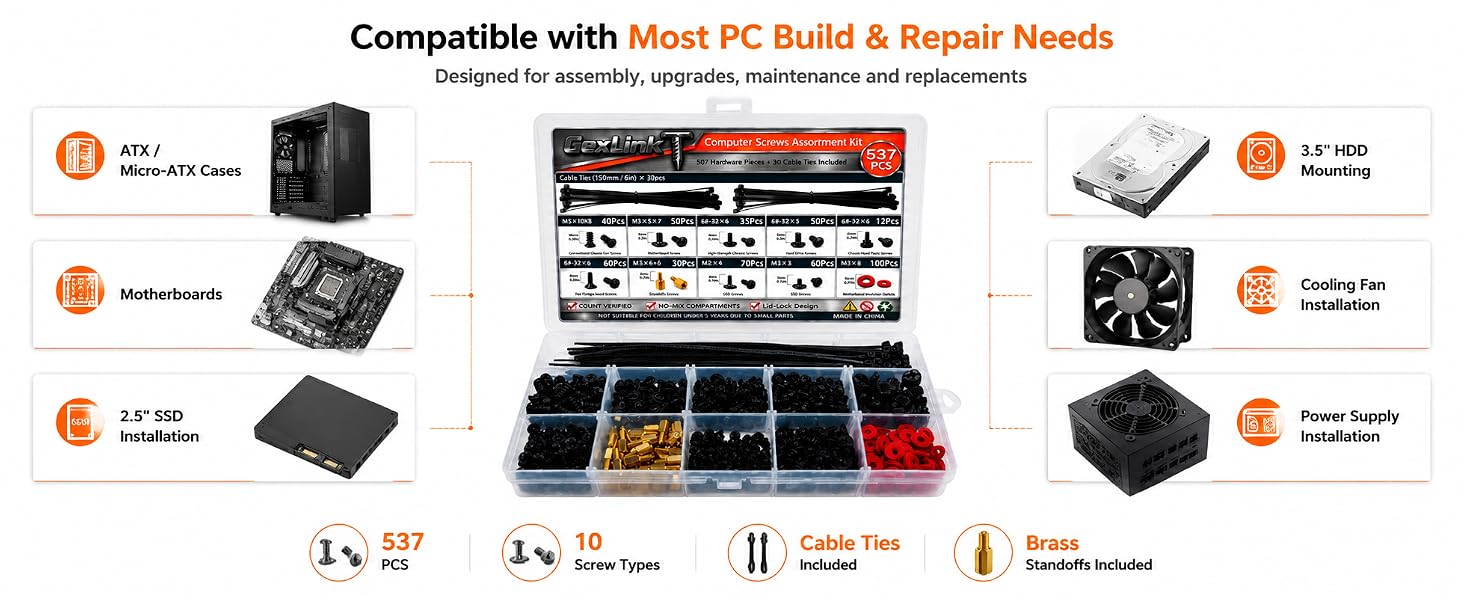GexLinkT PC screw kit compatible with ATX cases, SSDs, HDDs and motherboards