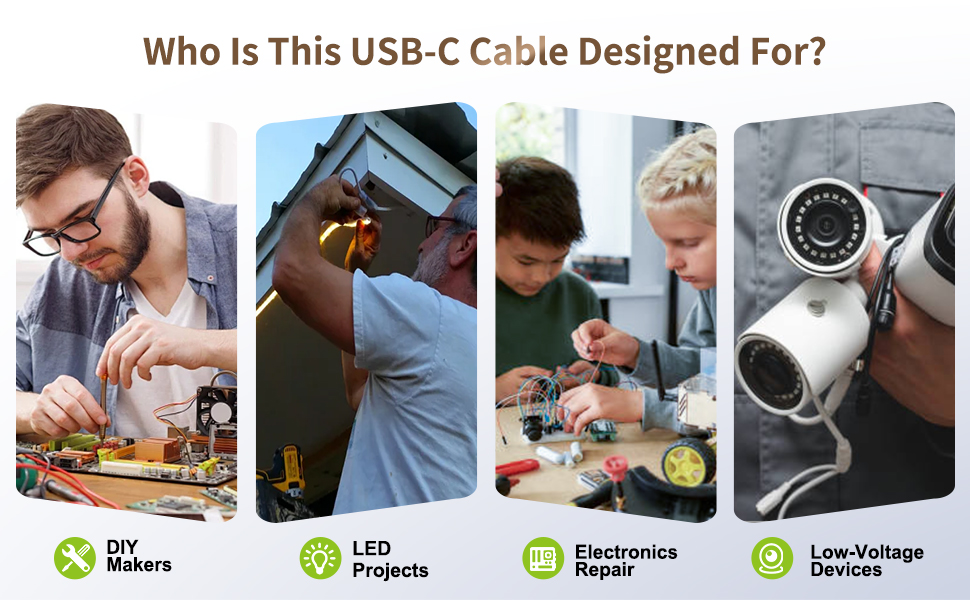 USB-C power cable designed for makers, hobbyists, and electronics projects
