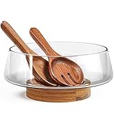 KITEISCAT Extra Large Glass Salad Bowl Set - Salad Bowls for Party with Acacia Wood Base and Sala...