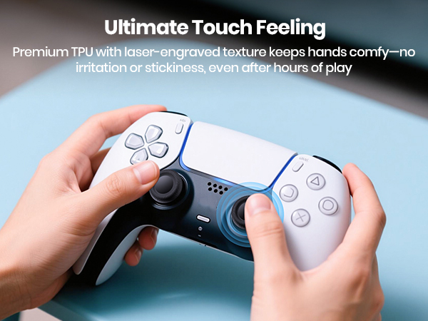 Text reads 'Ultimate Touch Feeling Premium PlayStation 5 controller'. White PS5 DualSense controller being held in hands against dark background.