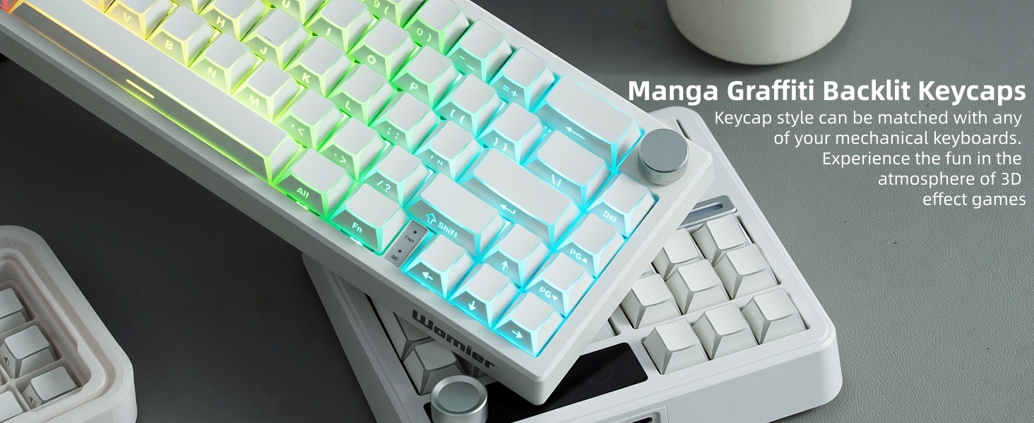 PBT Shine Through Keycaps Manga White, OEM Profile Side Printed Custom Key caps