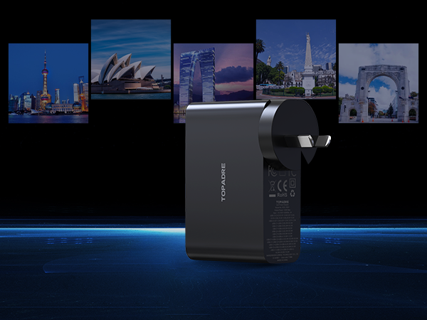 USB C Travel Charger 4-Ports Foldable Travel Adapter Plug Converter with UK/EU/AU Plugs