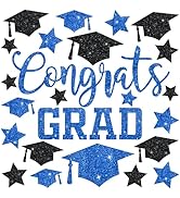 Whaline 6 Sheet Glitter Graduation Window Clings Window Decal Blue Black Congrats Grad Hat Star R...
