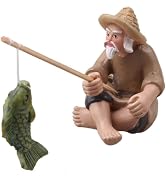 Labriciyon 1Pc Miniature Fisherman Figurines,Fishing Old Man Ornament Chinese Mudman Sitting Gard...