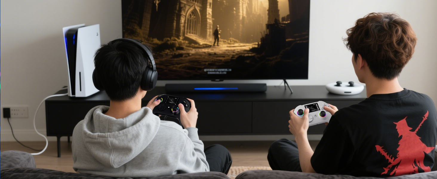 Two people playing PS4 games on the living room TV with game controller