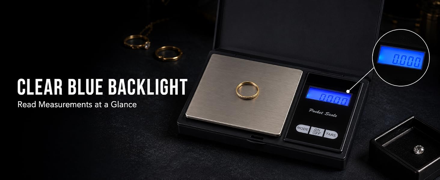 Pocket scale weighing a gold ring with a clear blue backlit display.