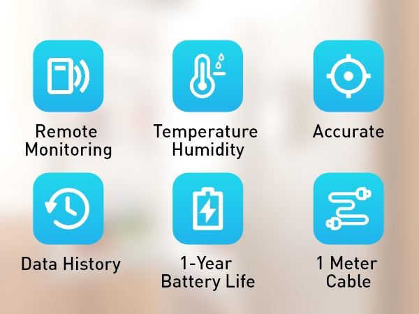 Icon set displaying device features: 'Remote Monitoring', 'Temperature', 'Accurate', 'Data History', '1-Year Battery Life', '1 Meter Cable'. Icons in cyan blue with white symbols.