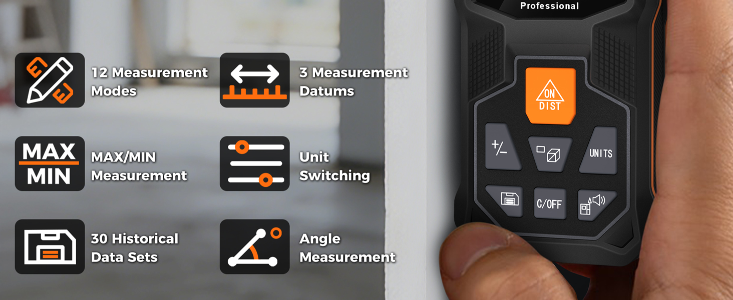 Text reads 'MAX/MIN Measurement', '30 Historical Data Sets', 'Unit Switching', 'Angle Measurement'. Digital interface display showing measurement tool functions and settings.