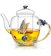 46oz/1300ml Enamel Glass Teapot With Rose Flower Butterfly And Gold Edge,Blue Rose Teapot With In...