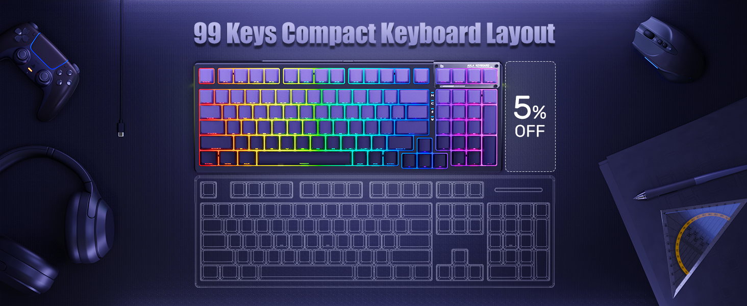 95% percent 99 keys mechanical keyboard with knob compact rgb backlit mechanical gaming keyboard