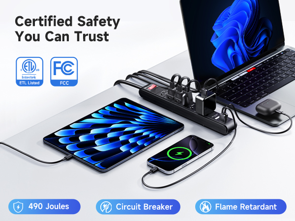 Two black Cable Matters surge protectors with six outlets, USB ports, and 8ft cords.