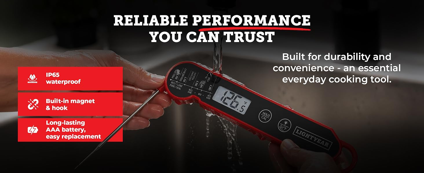 Lightyear IP65 waterproof meat thermometer showing water resistance during kitchen use