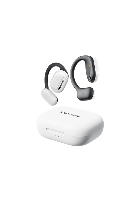 White wireless earbuds with ear hooks and charging case, featuring ergonomic design and compact storage solution.