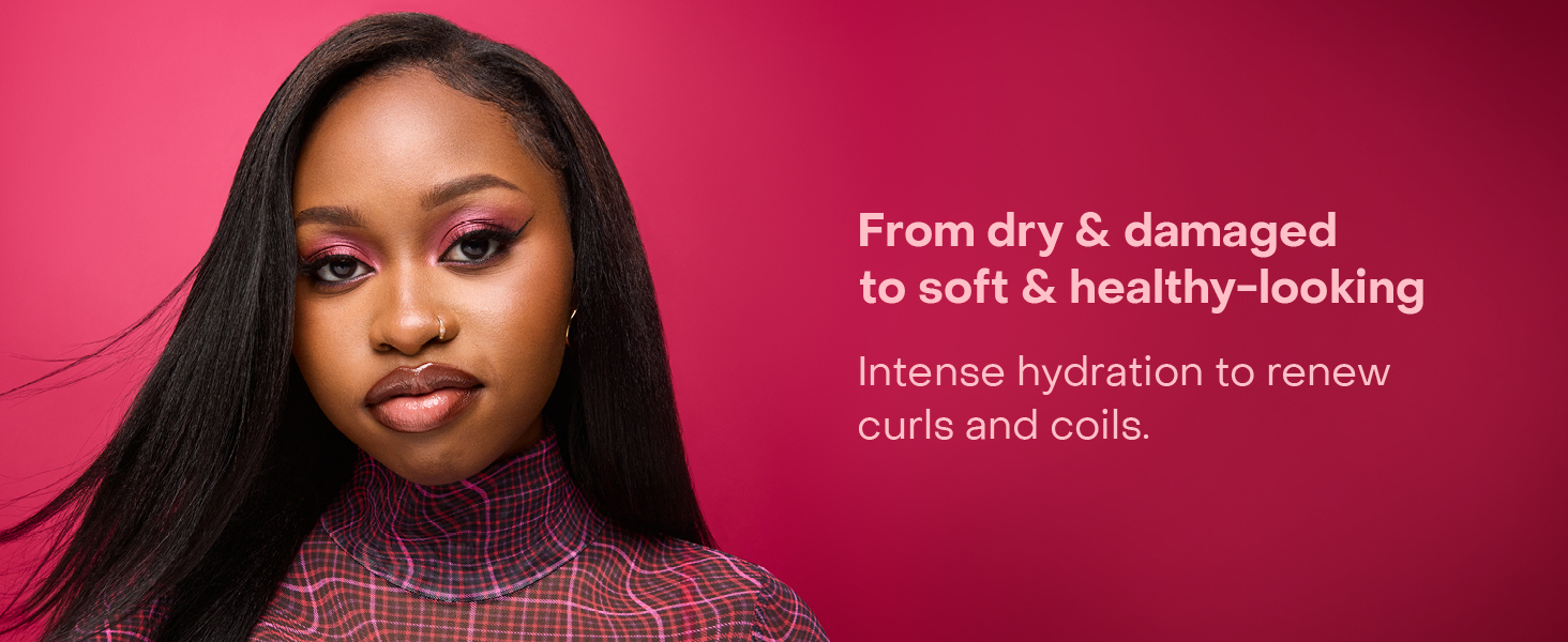 Woman with curled hair next to text highlighting benefits of nourishing hair.