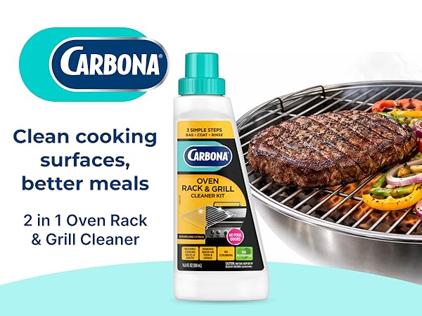 Carbona oven rack and grill cleaner for removing grease and baked-on residue from racks and grates