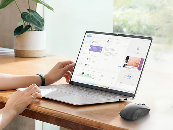 Multiple side-by-side images showing a person working at a desk with a laptop, mouse, and other office accessories in a clean, minimalist workspace setting.