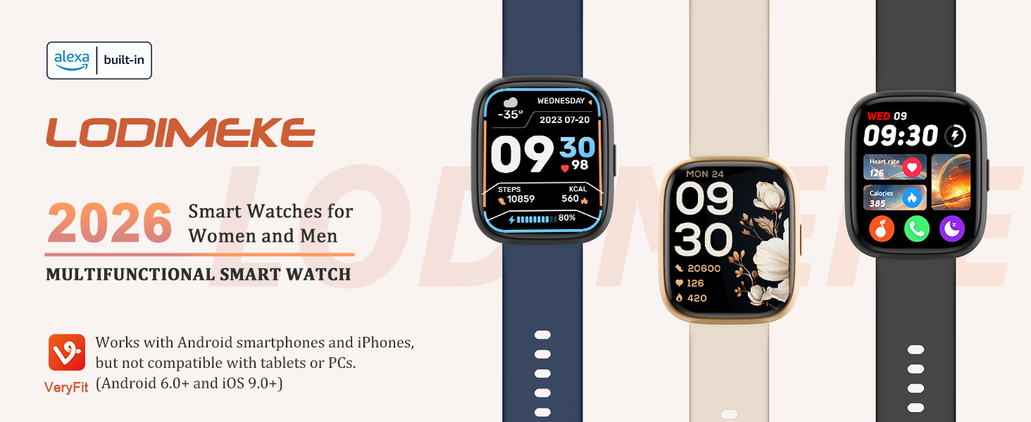 Text reads 'LODIMEKE 2020'. Product display showing three smartwatches with digital displays in different band colors: blue, beige, and black. Watches show time displays.