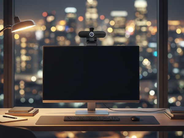A night office desk with a computer, webcam, and lamp, overlooking a blurred city skyline.