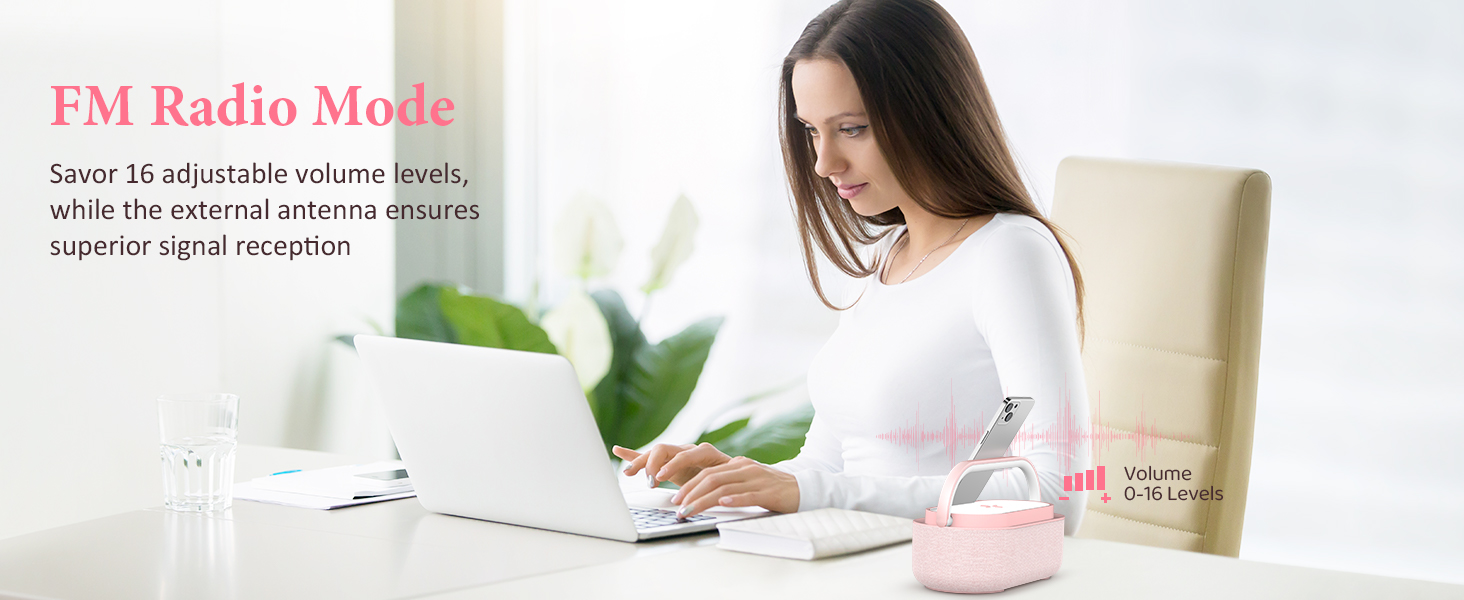 Bluetooth Speaker Alarm Clock with Wireless Charger, LED Night Light, 2500mAh Battery PINK SPEAKER