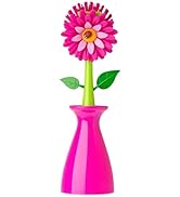 Vigar Flower Power Pink Dish Brush with Vase, 10-Inches, Pink, Green