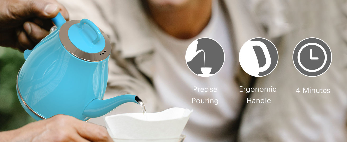 precise pouring, ergonomic handle, 4 minutes to boil a pot of water
