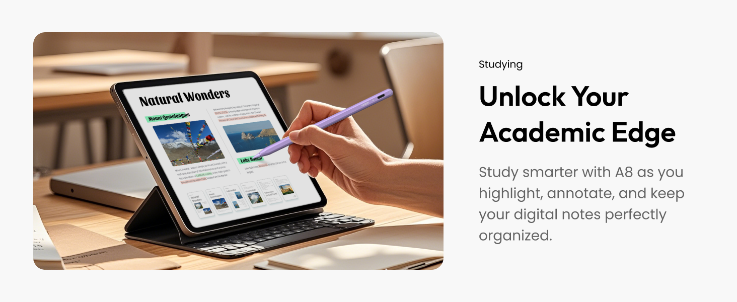 Text reads 'Unlock Your Academic Edge'. Shows tablet device being used with study materials visible on screen