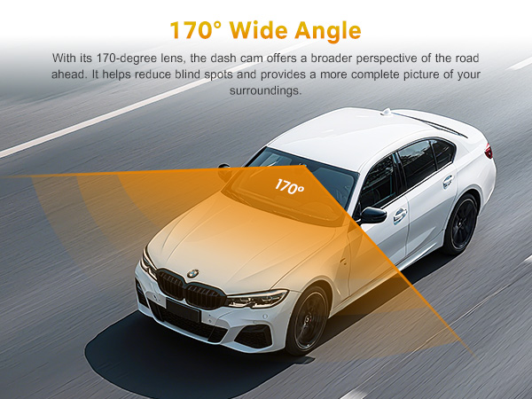 Text reads '170° Wide Angle'. Series of images showing a white car from different angles, demonstrating wide-angle camera perspective coverage.