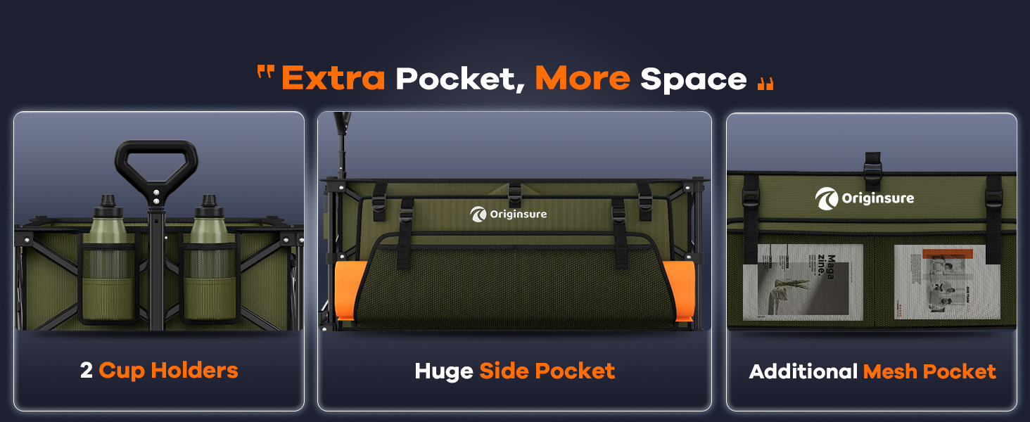 Huge side bags, side mesh bags and 2-cup brackets provide ample storage space