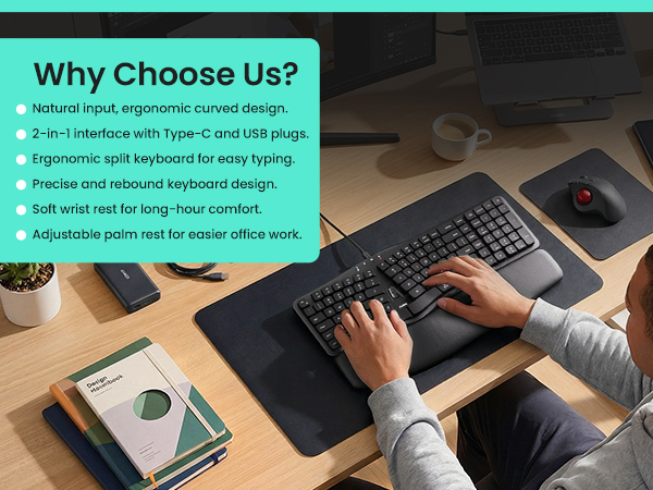 Ergonomic Keyboard Wired Split Design Palm Rest Volcano Keycaps Natural Typing Type C USB Plug