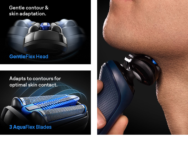 Braun shaver blades in close up, cutting long hairs. SmoothShave blades benefits are shown.