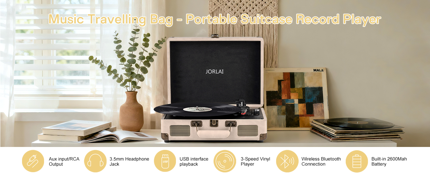 Portable Bluetooth Record Player with USB Playback Rechargeable Battery