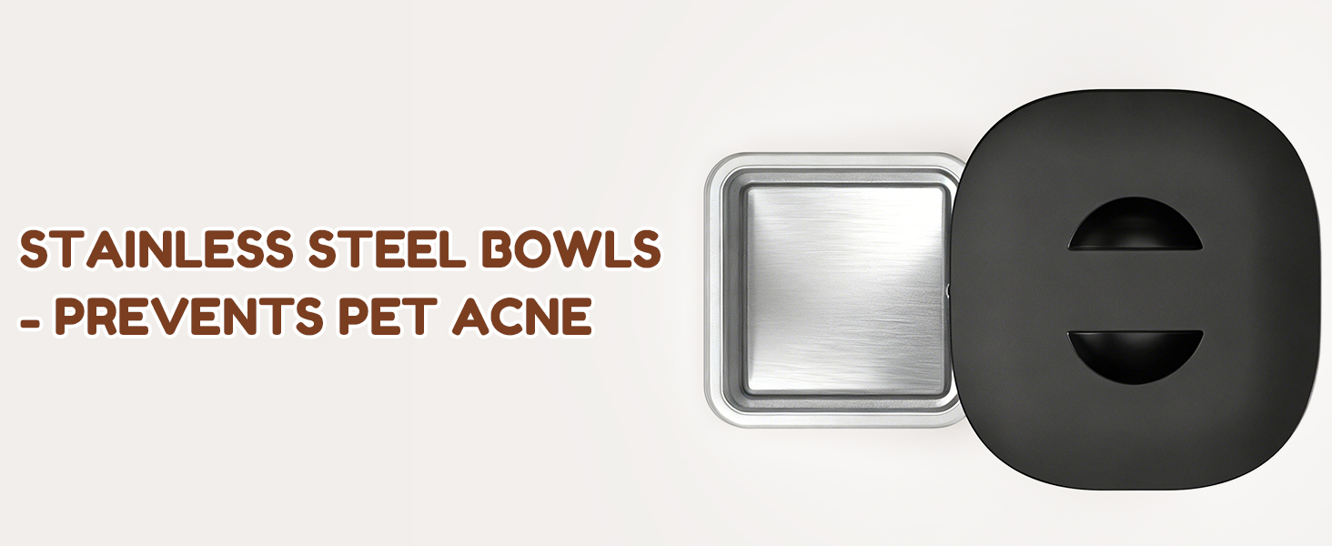 Stainless steel pet bowls that help prevent pet acne.