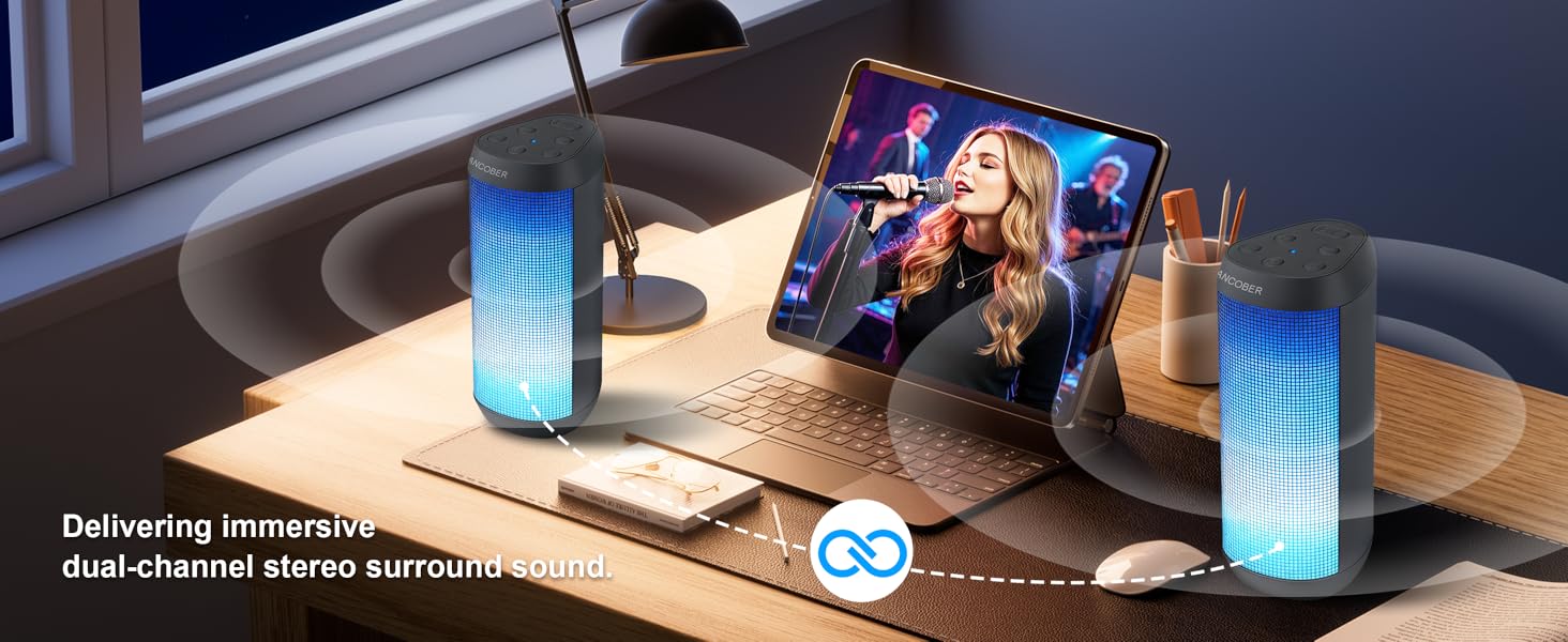 Wirelessly connect two speakers via Bluetooth for double the volume and stereo surround sound.